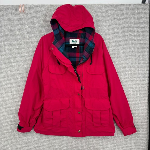 REI Jackets & Blazers - Vintage REI Hooded Jacket Women 12 Red Plaid Merino Wool Lined Gorpcore Boho
